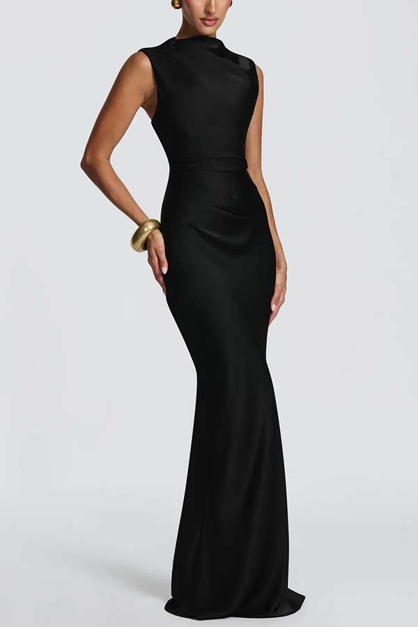 Avielle Satin High Neck Back Asymmetric Pleated Lace-up Drape Maxi Dress-consonak