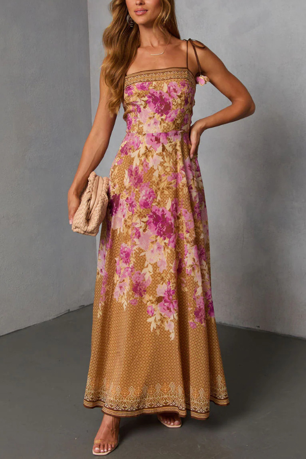 Fashionable Floral Print Square Neck Casual Vacation Maxi Dress