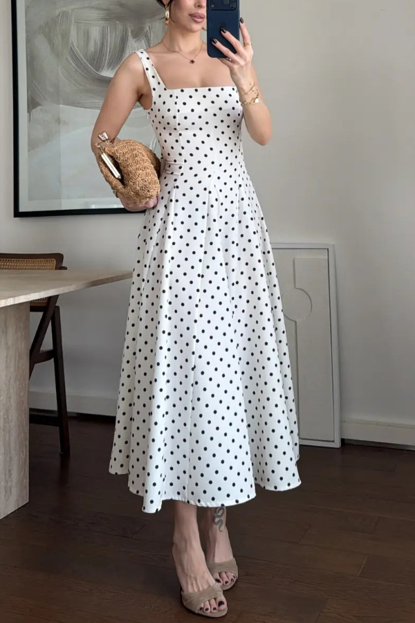 Ultimate Elegance Polka Dot Print Square Neck tie-up waist Flare midi Dress