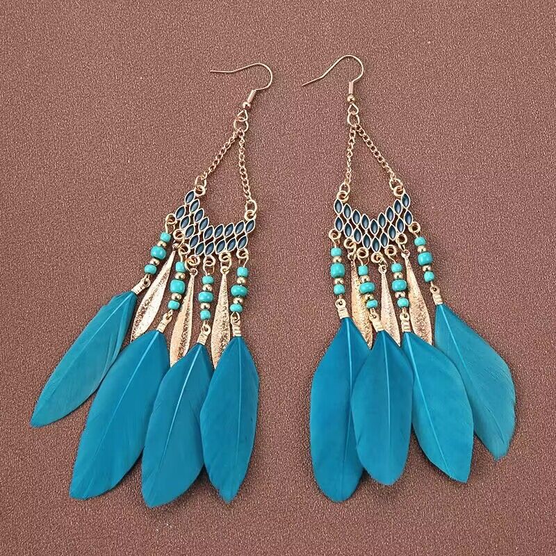 Vintage chain tassel bohemian feather earrings-consonak