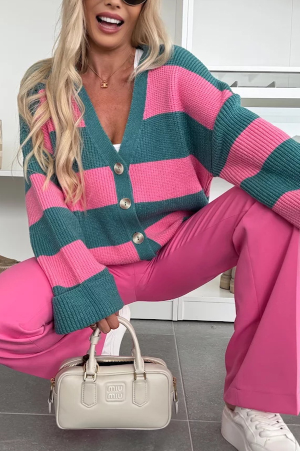 Fashion Contrast Striped Casual V-neck Long-sleeved Knitted Cardigan-consonak