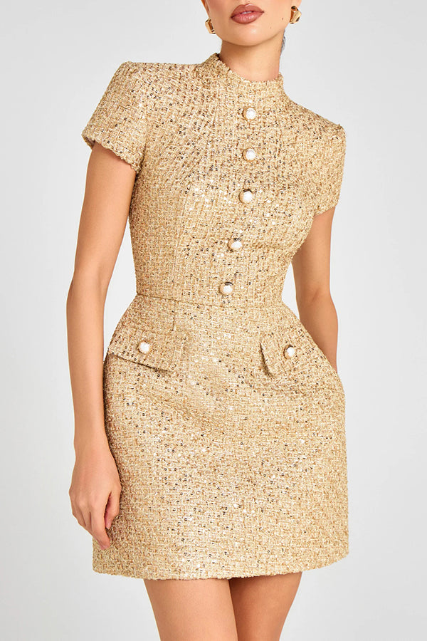 Gold Standard Tweed Fabric Pearl Button Short Sleeve Pocketed Mini Dress | Consonak