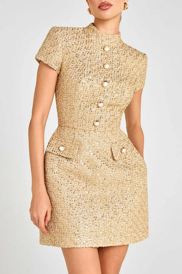 Gold Standard Tweed Fabric Pearl Button Short Sleeve Pocketed Mini Dress-consonak