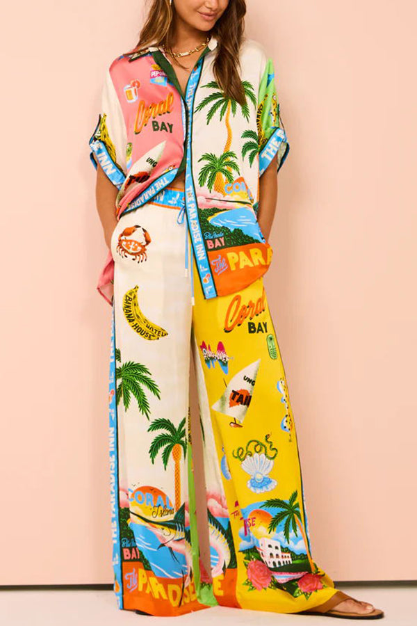 Kissed By The Sun Satin Unique Print Colorblock Button Down Oversized Blouse | Consonak