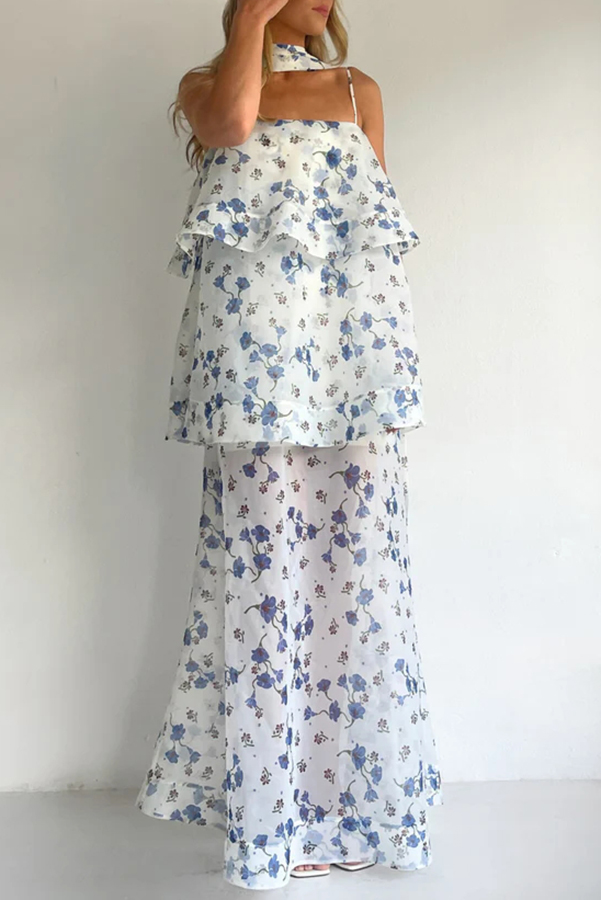 Ameile Organza Floral Print Tiered Slip Square Neck Scarf A-line Maxi Dress