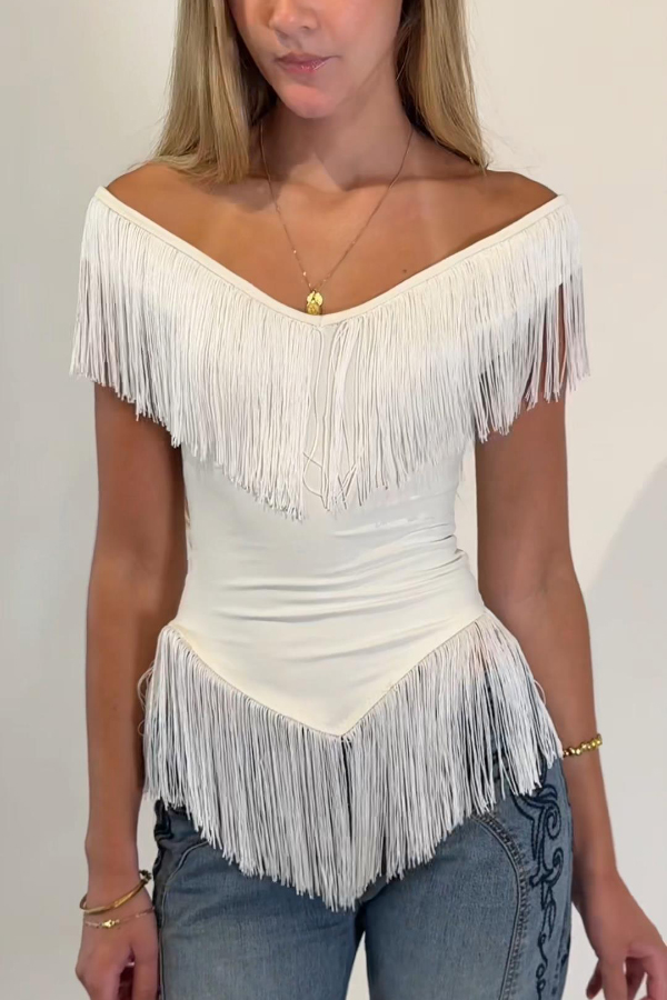 Solid Color V-neck Off-shoulder Tassel Fitted Top | Consonak