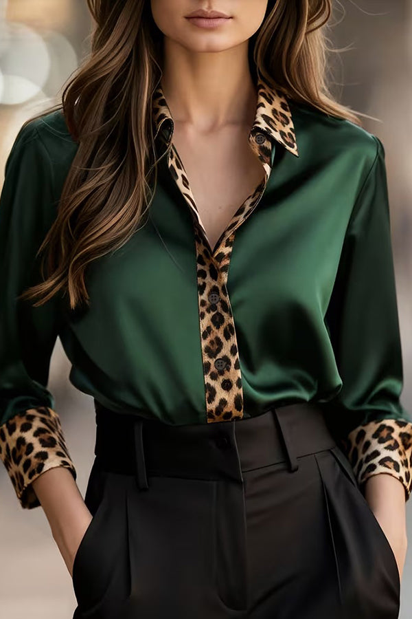 Satin Leopard Print Patchwork Casual Long-sleeved Shirt-consonak