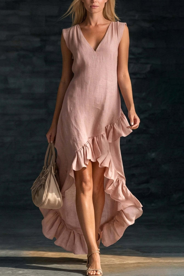 Linen Blend V-neck Sleeveless Ruffled Hem Casual Maxi Dress