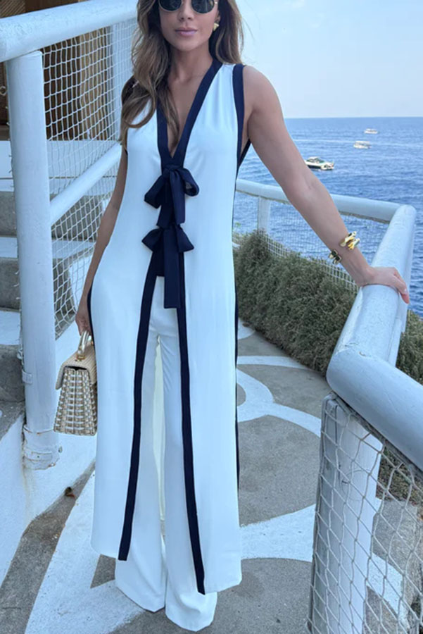 Beach Day Colorblock Bow Detail Slit Midi Top and Elastic Waist Loose Pants Set | Consonak
