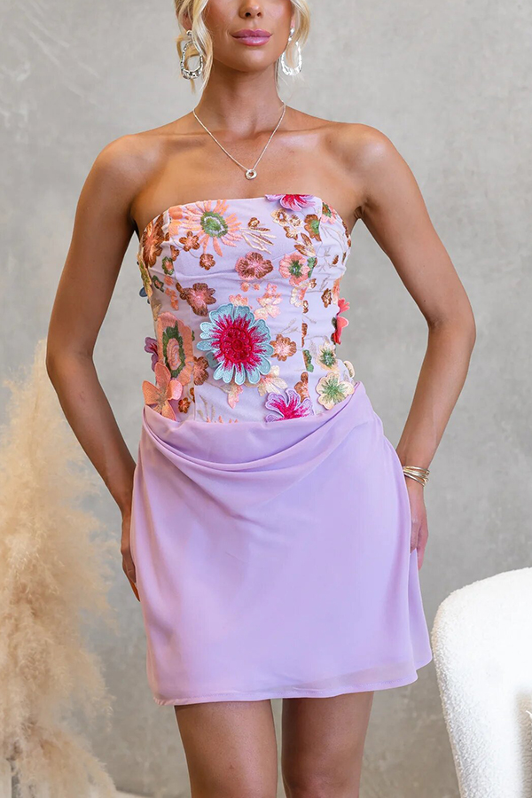 Marigold Charm Embroidered 3D Flowers Chiffon Hem Strapless Mini Dress