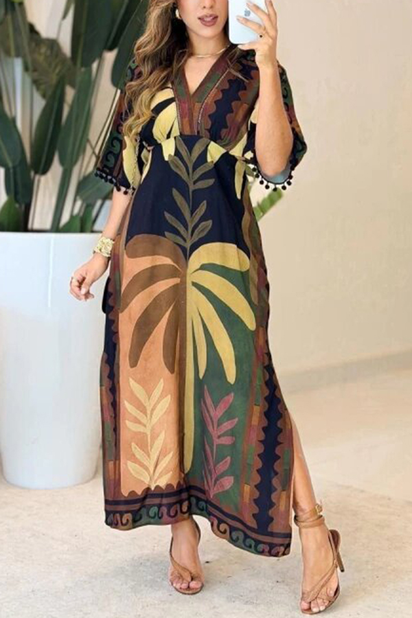 Sundancer Glow Unique Print Tassels Trim Half Sleeve Side Slit Maxi Dress