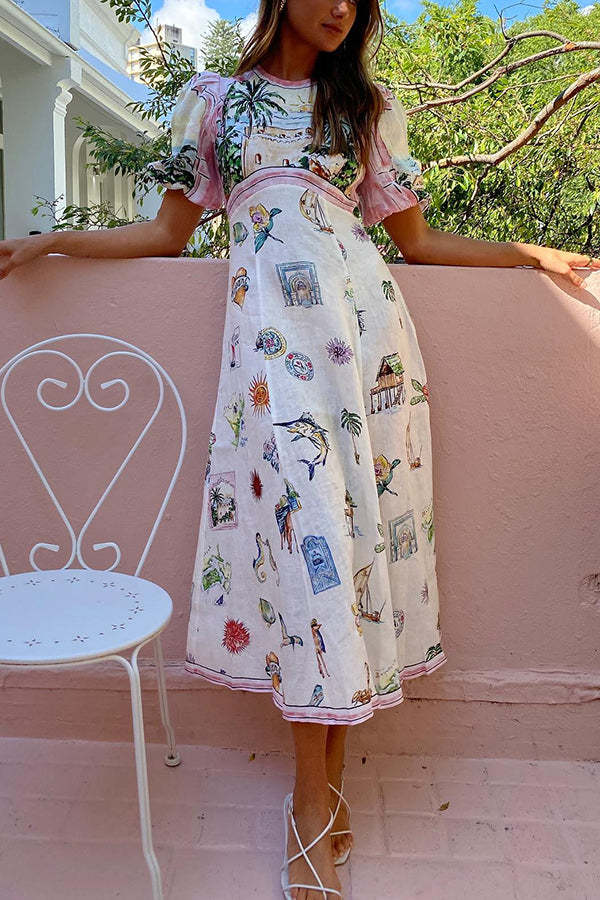European Summer Sunset Linen Blend Unique Print Puff Sleeve Midi Dress-consonak