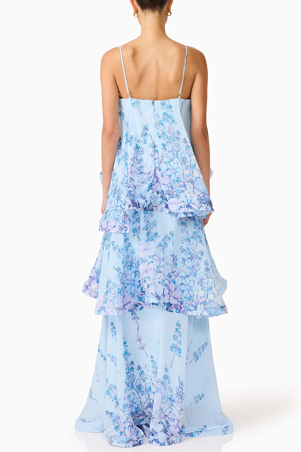 Armani Georgette Fabric Floral Print Tiered Slip Square Neck A-line Maxi Dress