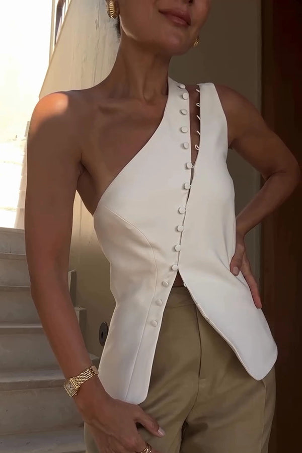 Full of Design Solid Color One Shoulder Asymmetric Slit Button Casual Vest-consonak