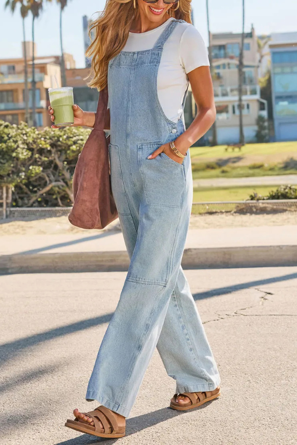 Stylish Loose Pockets Side Buttons Wide-leg Denim Jumpsuit