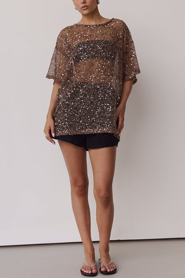 Edela Sheer Sequin Knit Fabric Short Sleeve Oversized Cover-up Tee