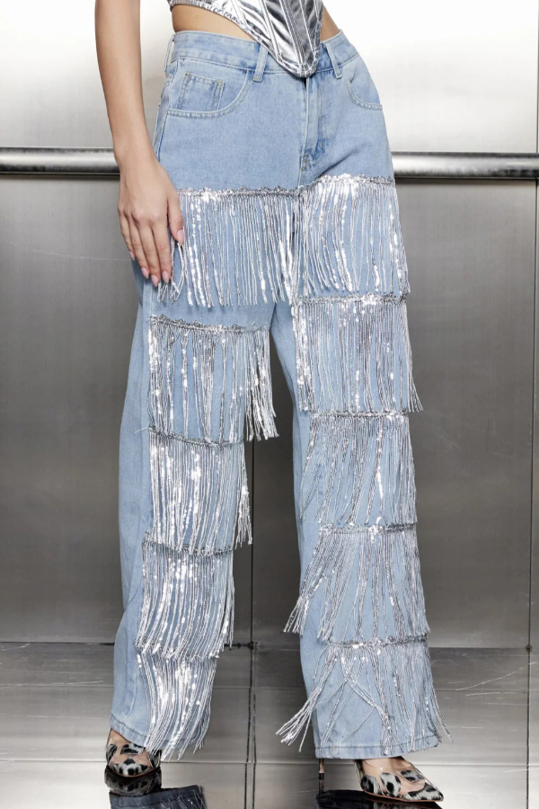 Stylish High-waisted Pocket Tassel Casual Straight Leg Jeans-consonak