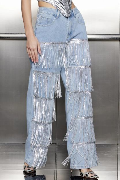 Stylish High-waisted Pocket Tassel Casual Straight Leg Jeans-consonak