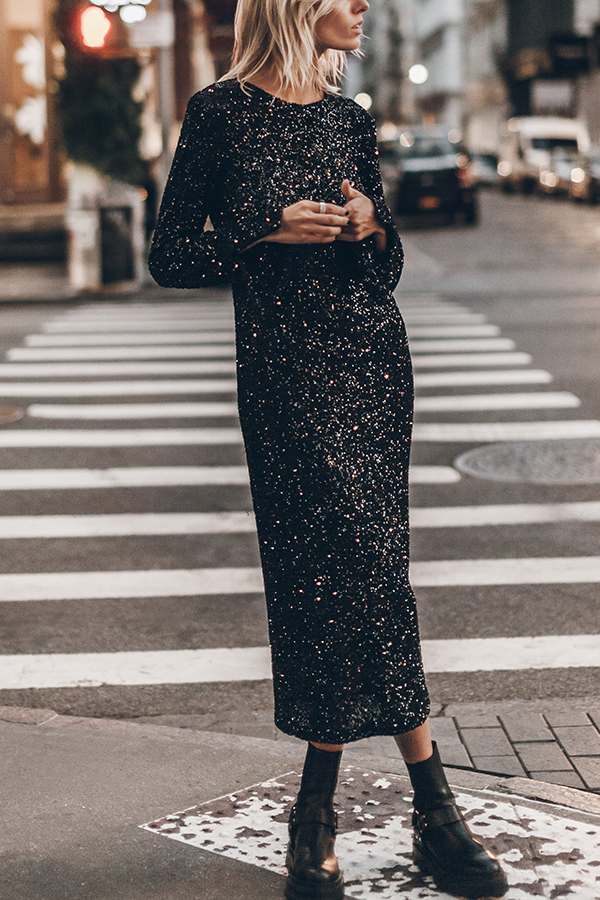 Ignite Sparkly Nights Sequin Extra Long Sleeve Open Back Loose Midi Dress-consonak