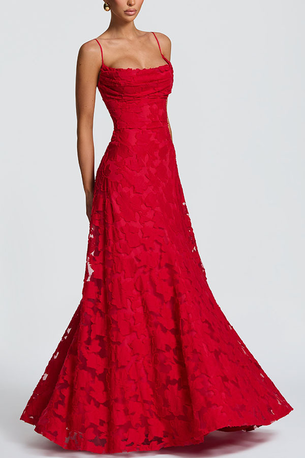 Francis Custom Floral Burnout Fabric Cowl Neck Back Lace-up Maxi Dress