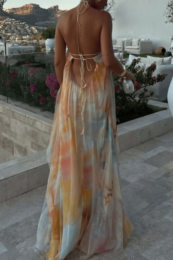 Fashionable Tie-dye Halter Neck Backless Loose Vacation Maxi Dress