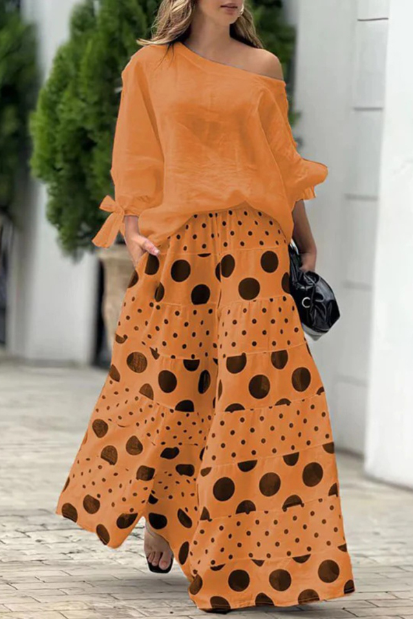 Stylish Tie-cuff Loose Top and Polka Dot Print Pocket Wide Leg Pants Set-consonak