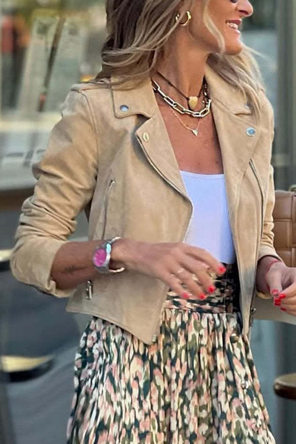 Fashion Suede Lapel Long Sleeve Motorcycle Jacket-consonak