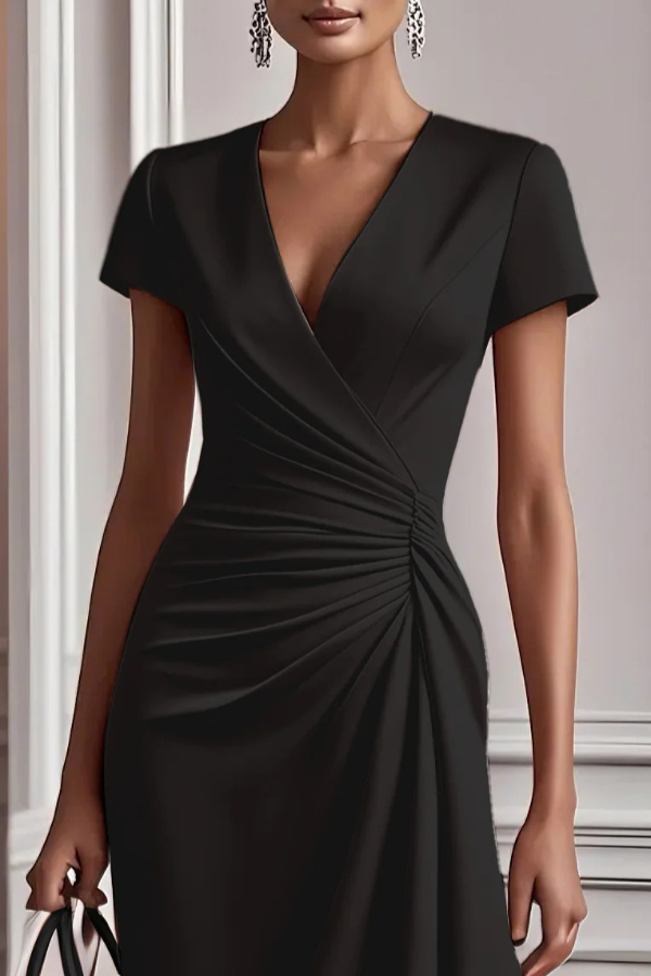Stylish V-neck Short-sleeved Pleated Waist Elegant Mini Dress | Consonak