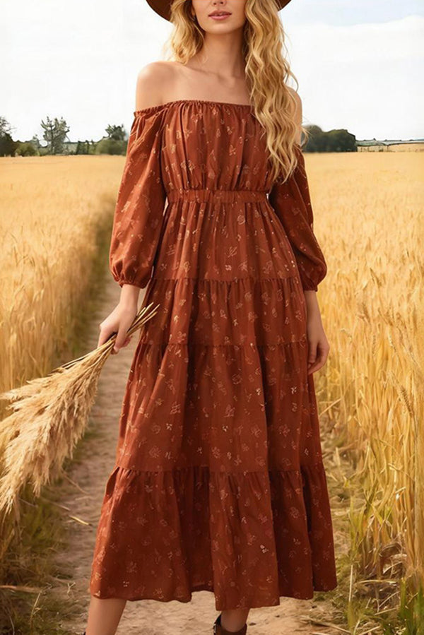 Unique Print Off-Shoulder Long-Sleeved Loose Midi Dress-consonak