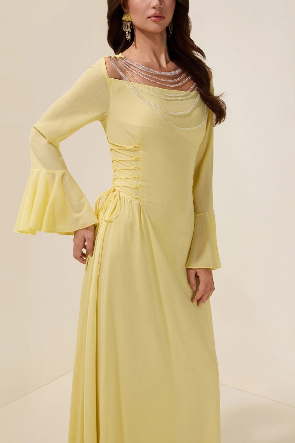 Fashionable Beaded Long-sleeved Square-neck Fitted Waist Tie Maxi Dress-consonak