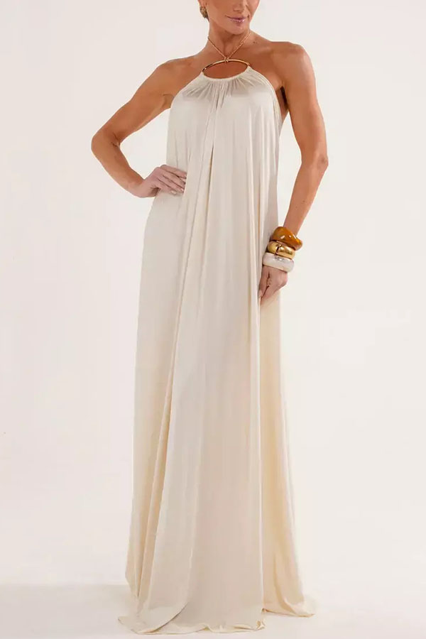 Ocean Goddess Metal Circular Chain Halter Backless Vacation A-line Maxi Dress-consonak