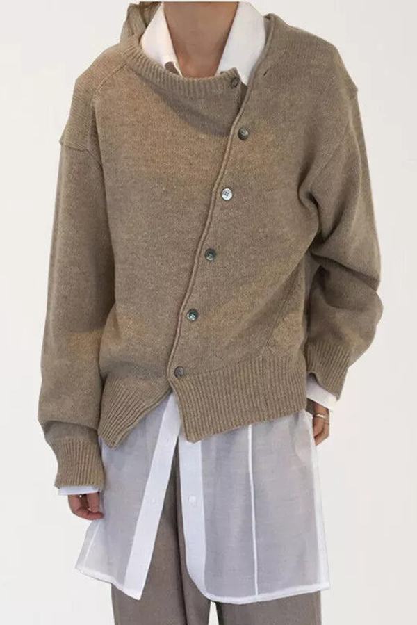 Stylish Irregular Button Knitted Crew Neck Sweater-consonak