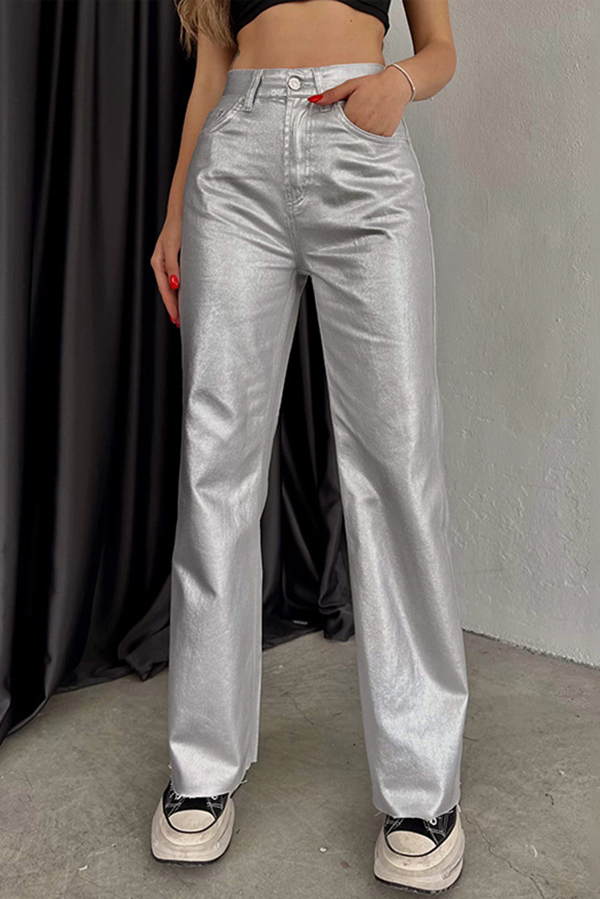 Stylish Metallic Fabric Pocket Casual Straight Wide-Leg Pants-consonak