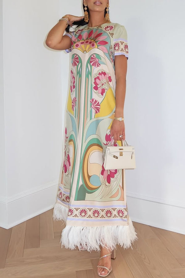 Jazlynn Satin Colorful Baroque Style Printed Short Sleeve Feather Trim Maxi Dress | Consonak