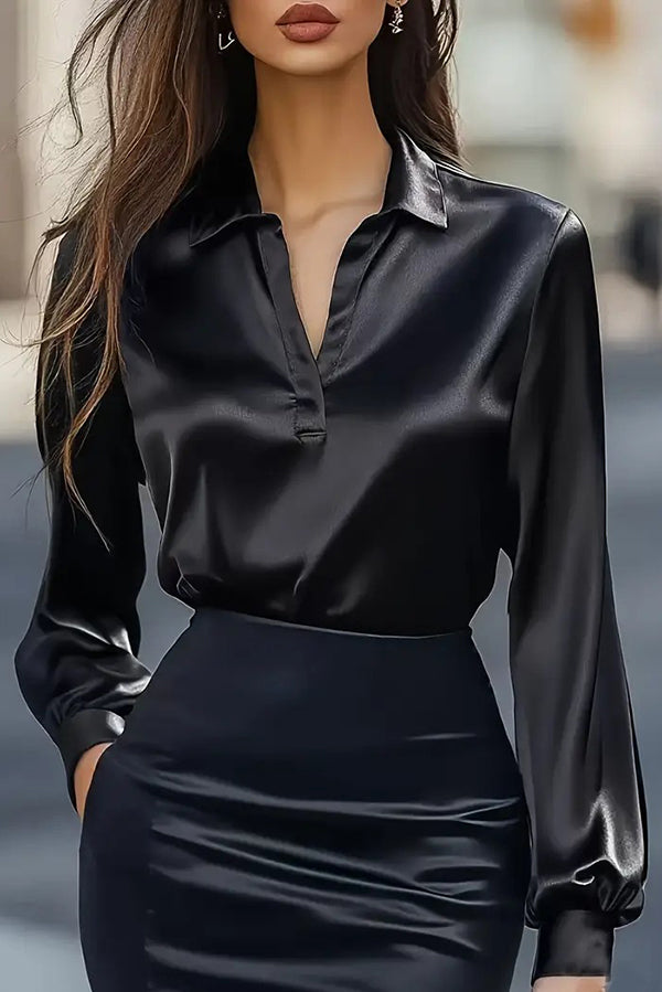 Solid Color Satin V-neck Long-sleeved Elegant Shirt-consonak