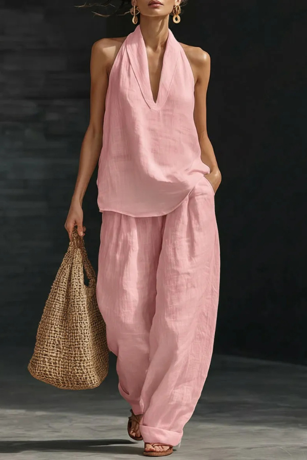 Linen Blend Solid Color V-neck Sleeveless Loose Top and Elastic Waist Casual Pocket Pants Set-Consonak