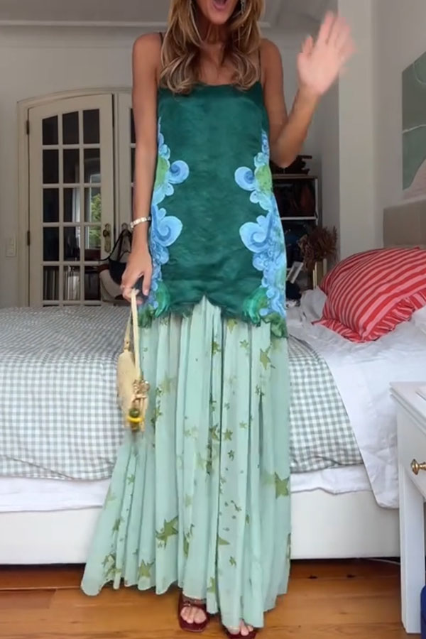 Fresh Bloom Unique Print Satin and Pleated Tulle Hem Slip Maxi Dress