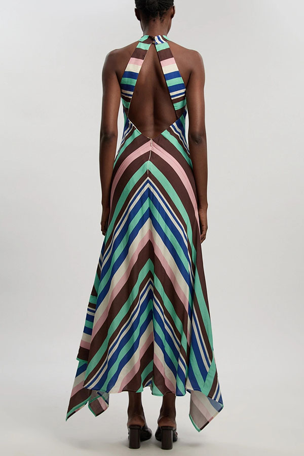 Nida Satin Multi Fluid Stripe Halter Open Back Asymmetrical Hem Maxi Dress