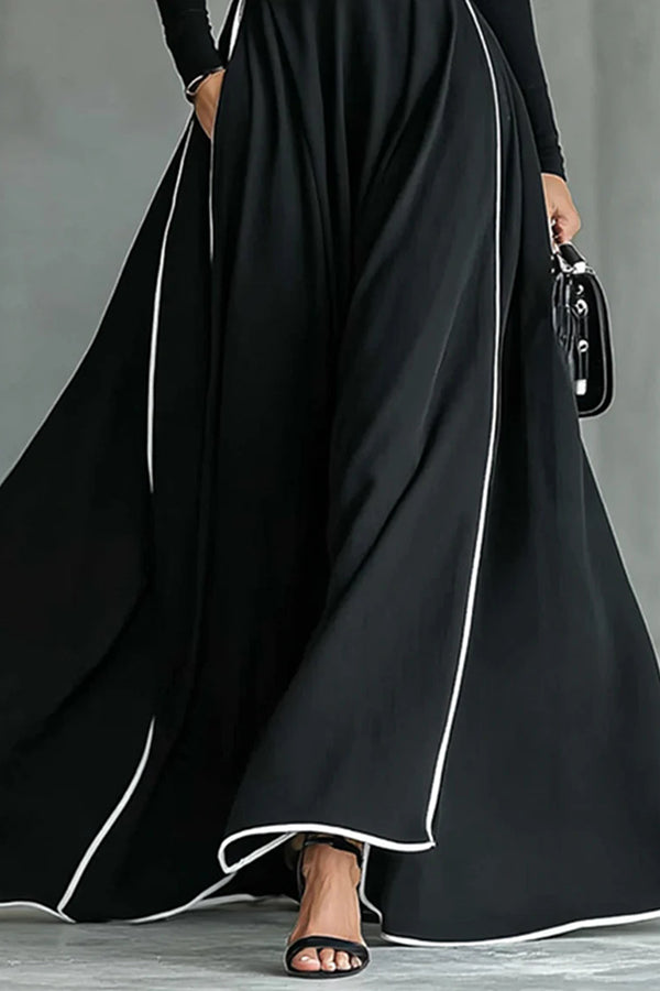 Stylish Color-blocked Trim High-neck Long-sleeved Casual Pockets Maxi Dress-consonak