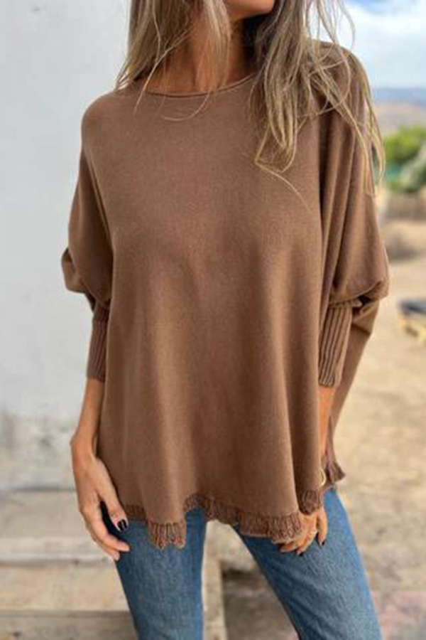 Solid Color Loose Long Sleeve Lace Knitted Sweater-consonak