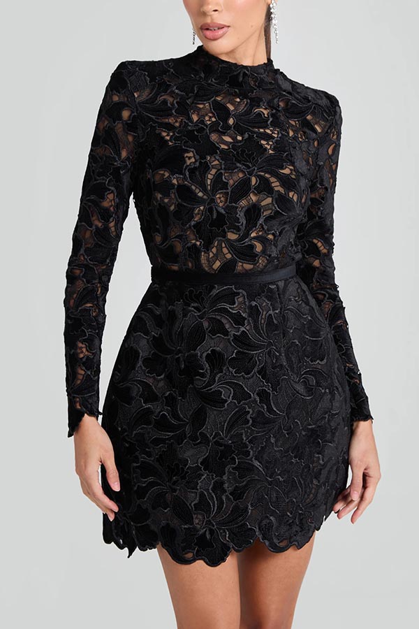 Lydia Embroidered Floral Lace Long Sleeve Belt Tulip Shaped Mini Dress | Consonak