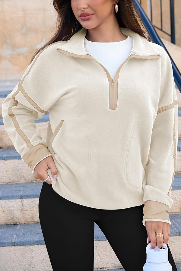 Stylish Color-blocked Trim Loose Casual Pocket Sweatshirt-consonak