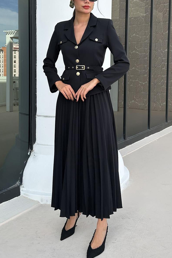 Solid Color Lapel Button Belt Blazer and Pleated Casual Maxi Skirt Set-consonak