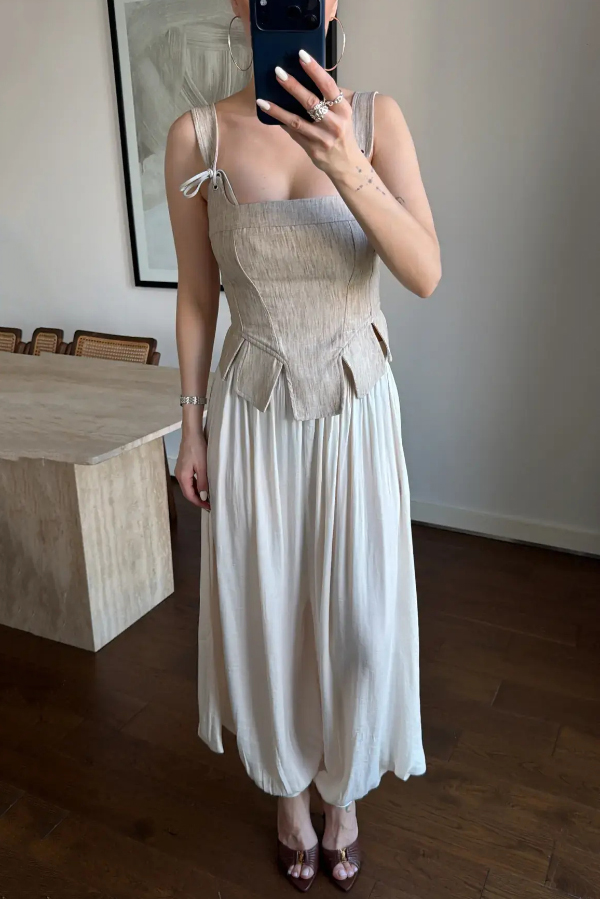 lily Linen Blend square neck Tie Shoulder Straps slit hem tank