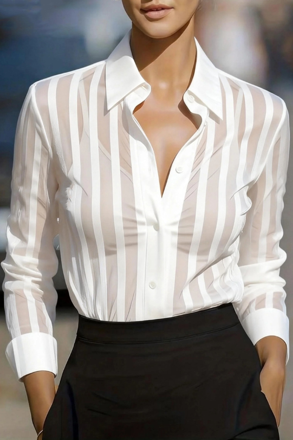 Stylish Sheer Striped Collared Long-sleeved Loose Casual Shirt | Consonak
