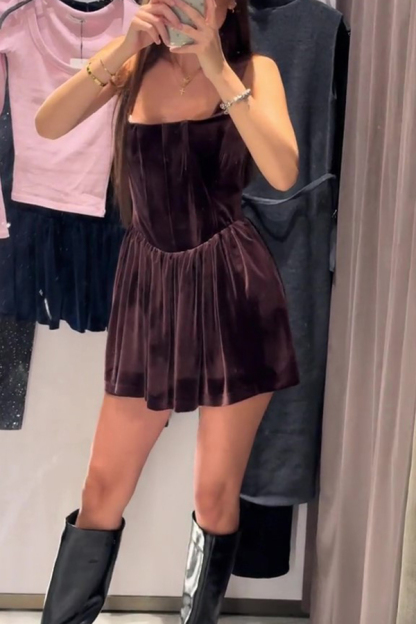 Solid Velvet Square Neck Slim Fit Mini Dress-consonak