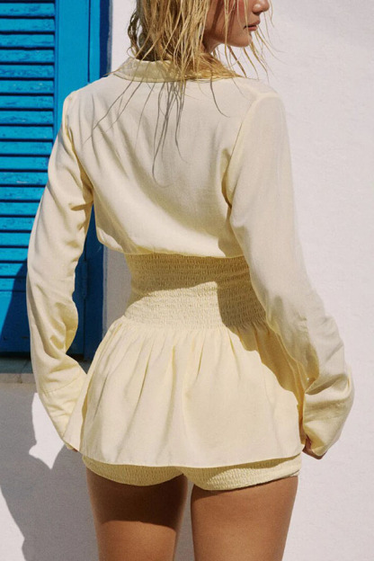 Sunlight-like Hue Smocked Waist Long Sleeve Button Blouse and Mid Rise Shirred Stretch Mini Shorts Set