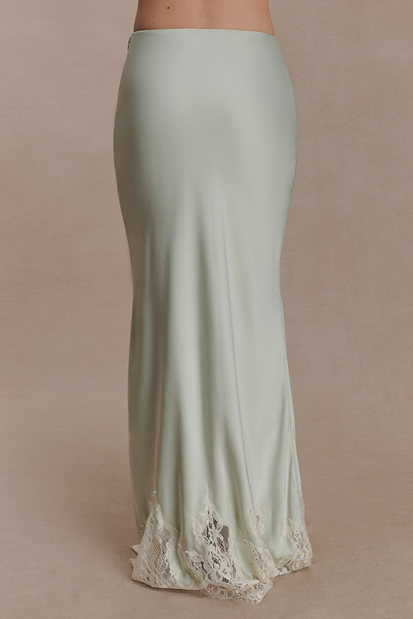 Nina Satin Lace Detail Mid Rise Flare Drape Maxi Skirt-consonak