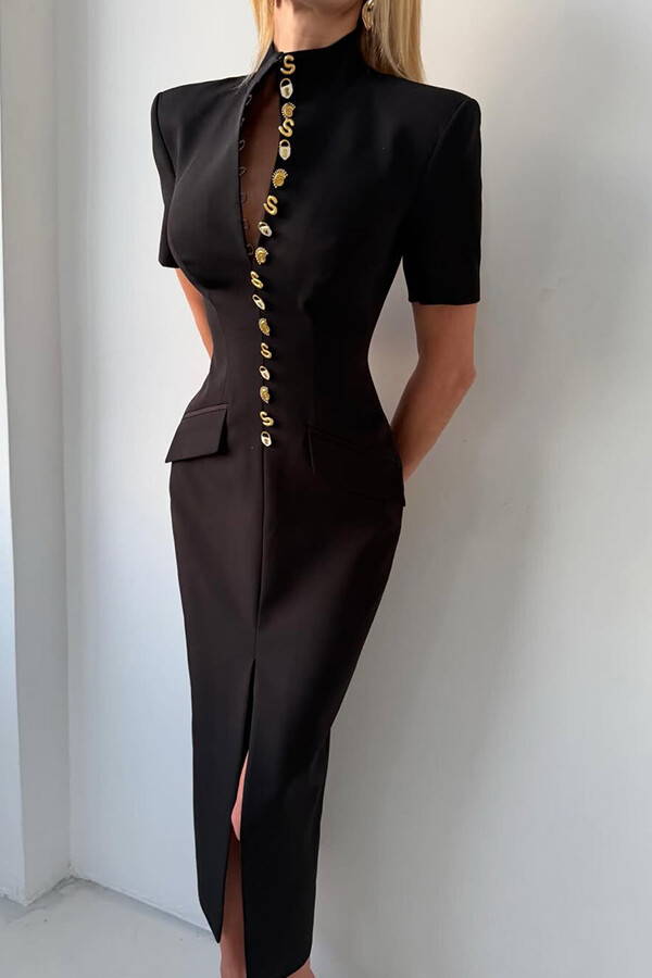 Kathy Unique Metal Pattern Buttons High Neck Short Sleeve Pencil Slit Midi Dress