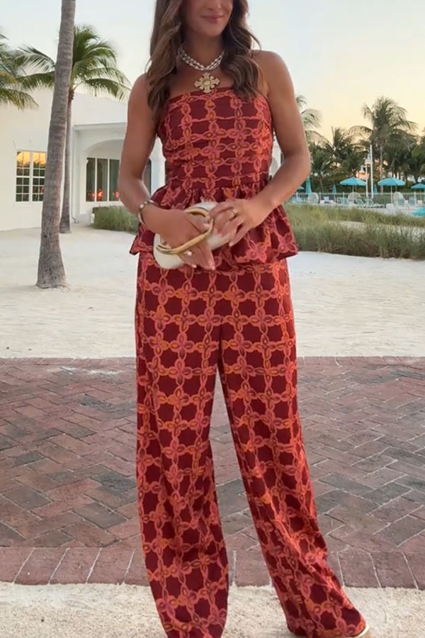 Chainlink Printed Bubble Back Pleated Slip Top and Elastic Waist Pocket Loose Pants Set-consonak